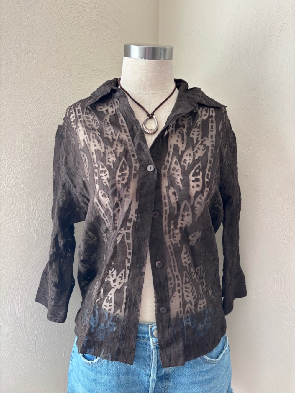Mirasol Sheer Linen Textured Brown Button-Up Blouse